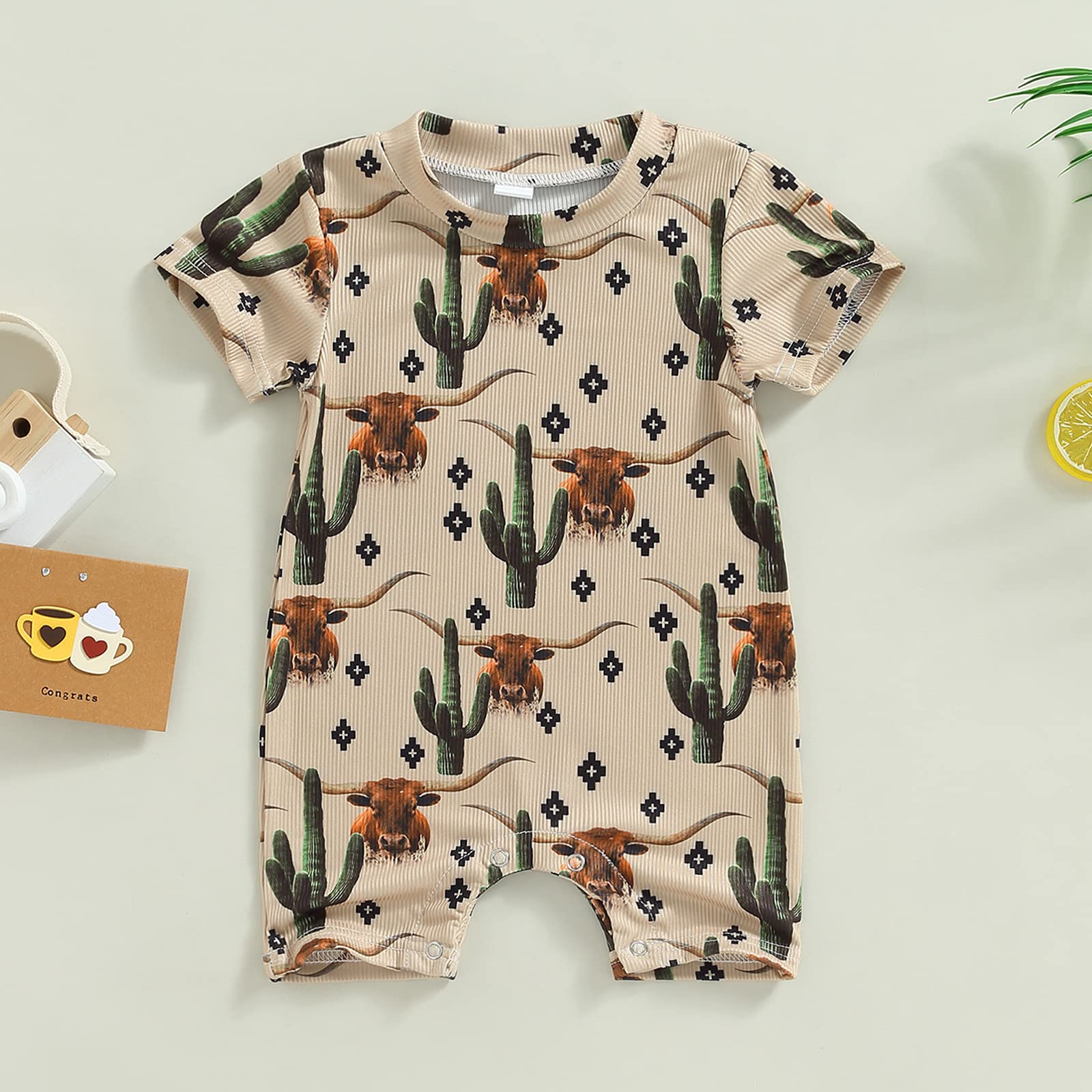 Muasaaluxi Western Baby Girl Boy Clothes Short Sleeve Cow Print Romper One Piece Bodysuit Shorts Summer Outfit (Khaki, 3-6 Months)