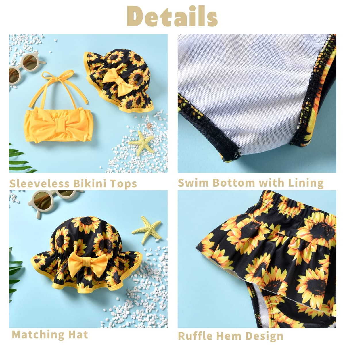 Infant Baby Girls Swimsuit Sunflower Bikini Two Pieces Bathing Suit Swimwear Summer Beach Set Yellow 0-6 Months