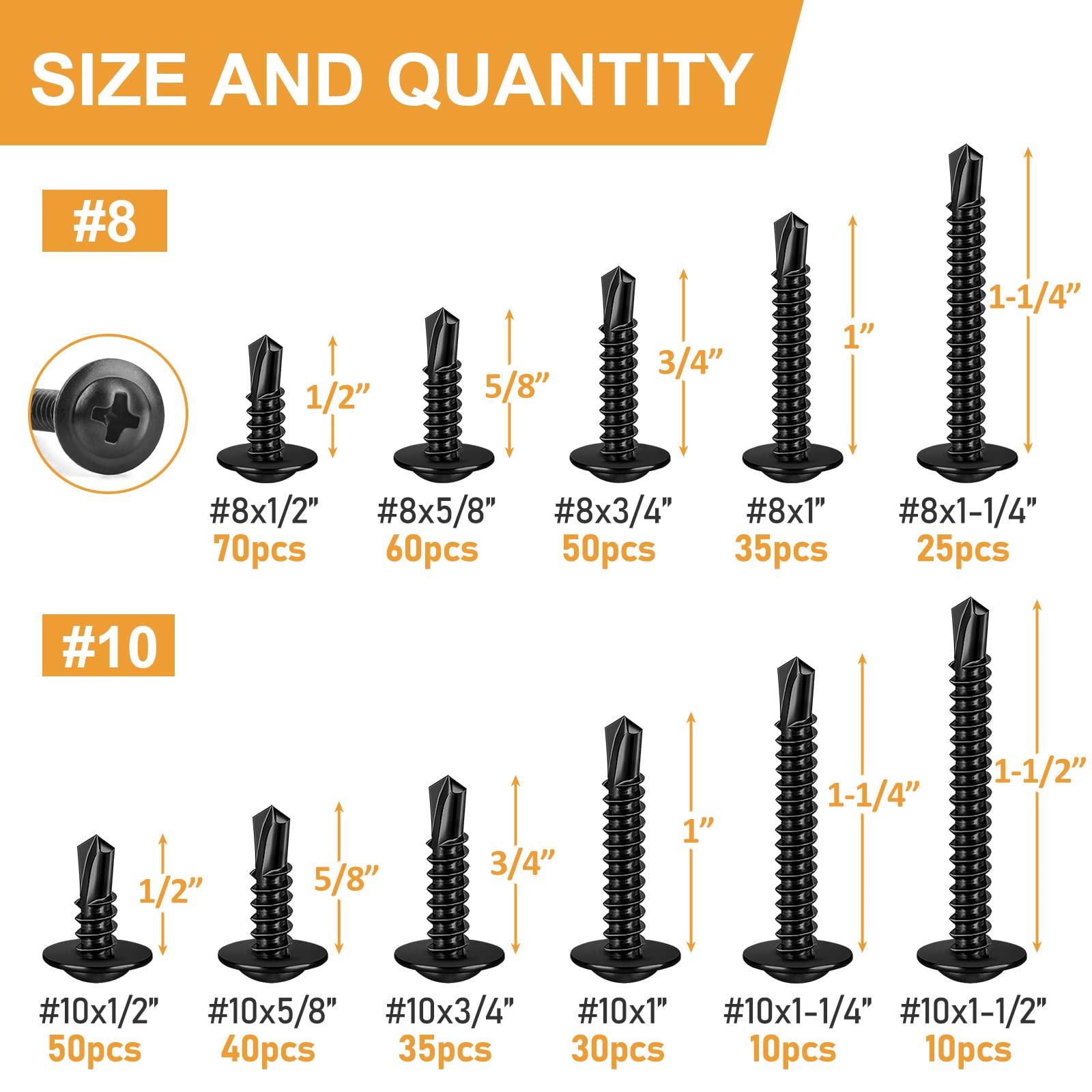 VIGRUE 425PCS #8#10 Black Self Tapping Screws for Metal, 425PCS (410) Stainless Steel Modified Truss Head Sheet Metal Self Drilling Screws Assortment Kit, Black Oxide, Length 1/2" to 1-1/2''