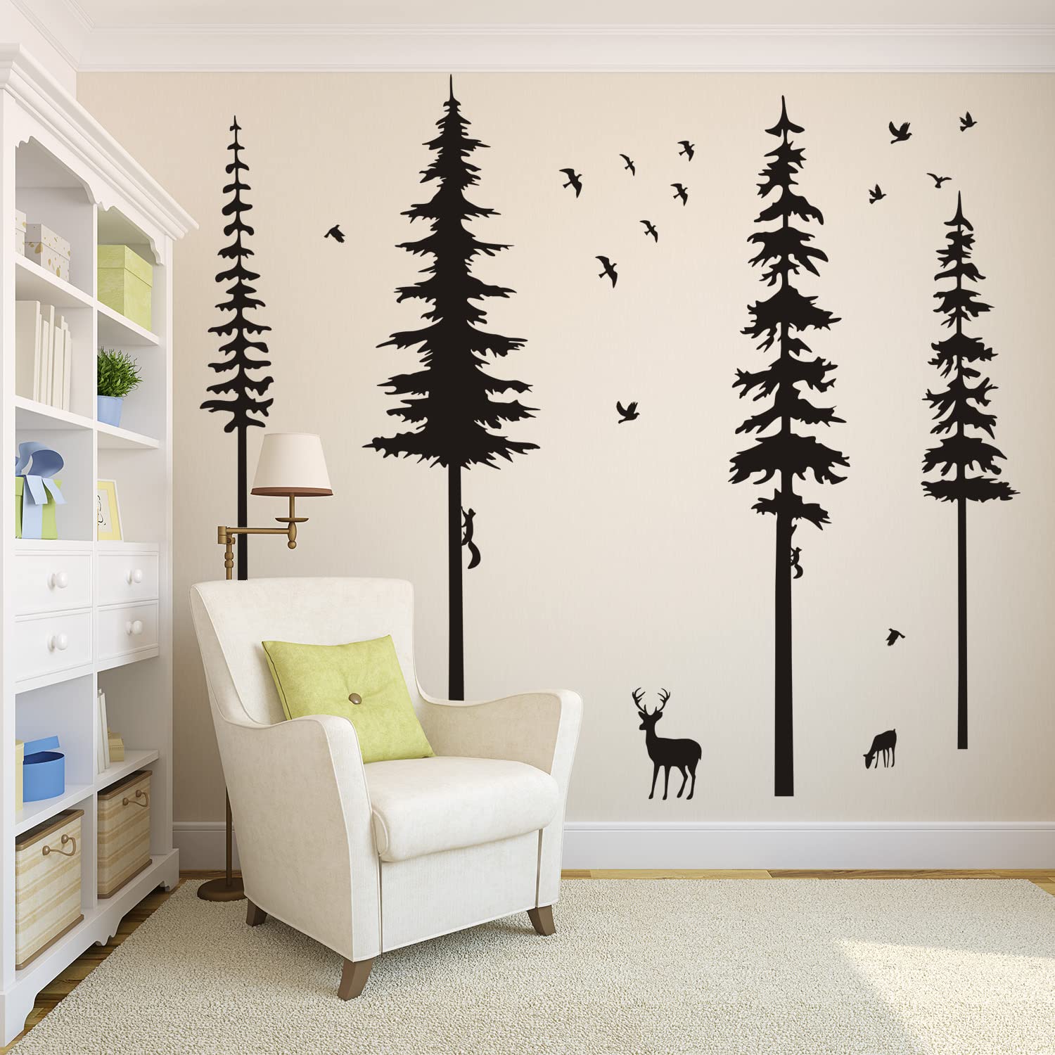 Pine Tree Wall Decals Woodland Vinyl Wall Sticker Forest Wall Decals with Animal Wall Stickers Squirrels Deers Wall Stickers for Kids Nursery Children Room Living Room Wall Decoration (Black)