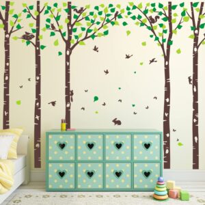 5 Large Birch Tree Wall Decals Jungle Tree Wall Stickers Forest Animal Wall Stickers Squirrel Rabbit Stickers for Kids Room Nursery Bedroom Living Room Classroom Wall Decoration (100", Brown,Green)