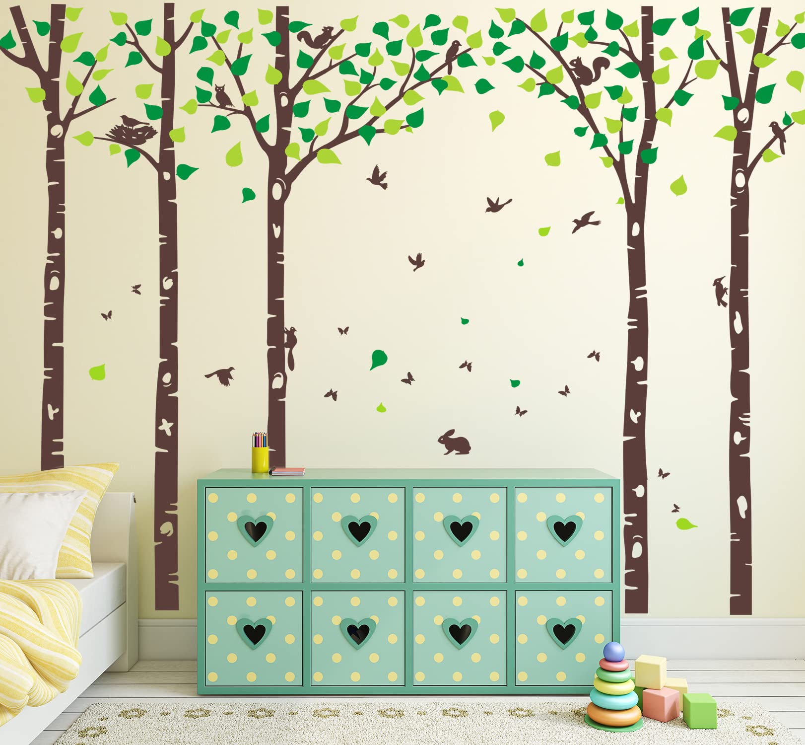 5 Large Birch Tree Wall Decals Jungle Tree Wall Stickers Forest Animal Wall Stickers Squirrel Rabbit Stickers for Kids Room Nursery Bedroom Living Room Classroom Wall Decoration (100", Brown,Green)