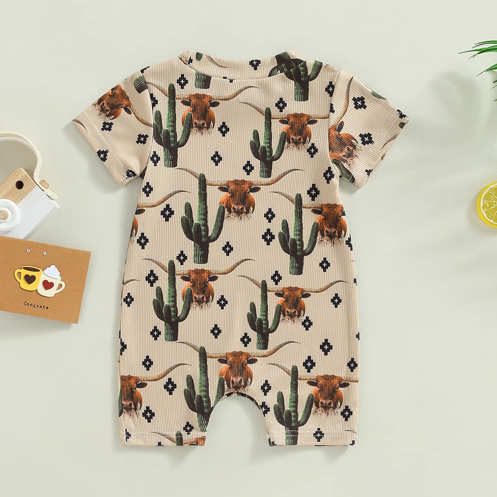 Muasaaluxi Western Baby Girl Boy Clothes Short Sleeve Cow Print Romper One Piece Bodysuit Shorts Summer Outfit (Khaki, 3-6 Months)