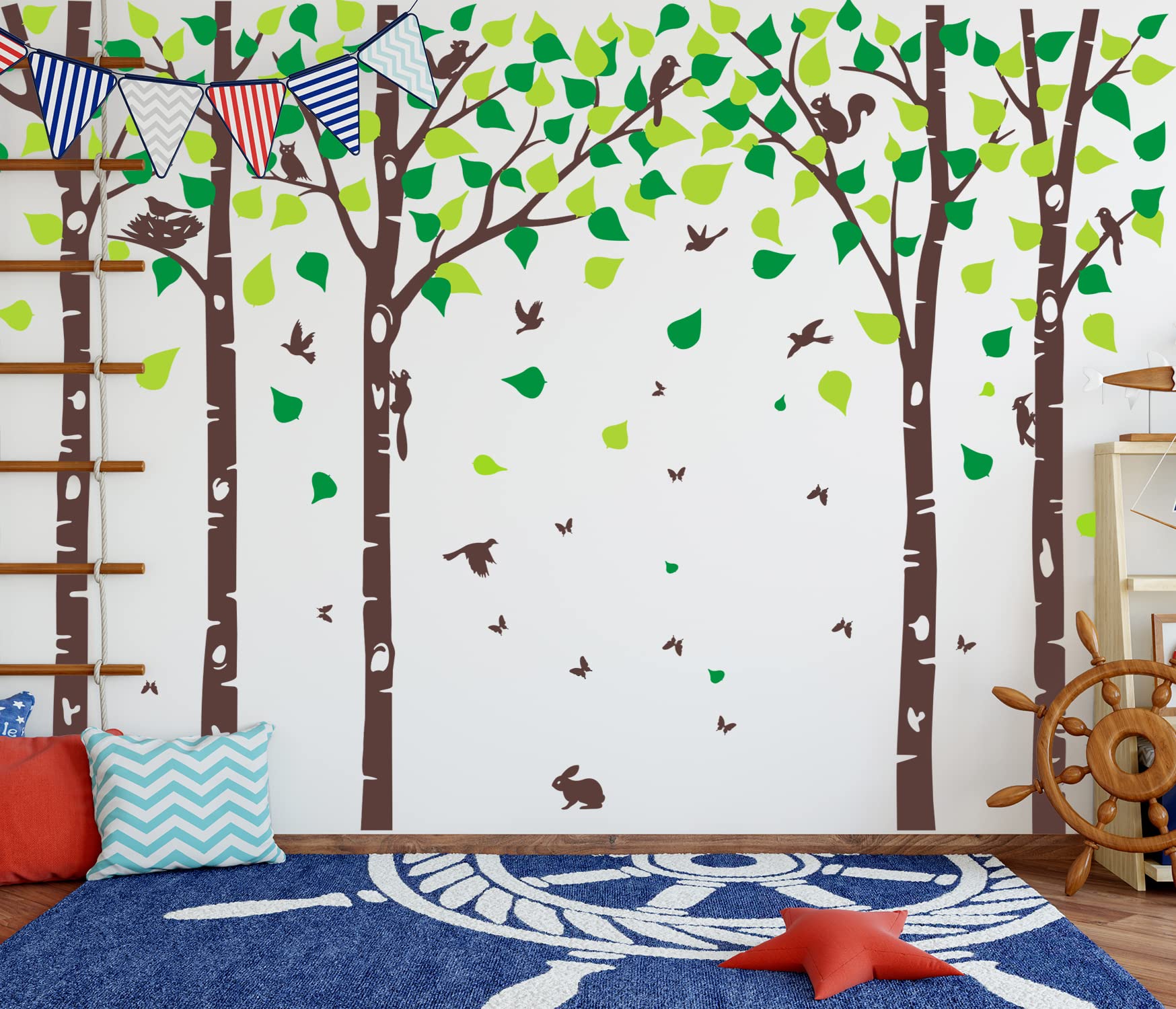 5 Large Birch Tree Wall Decals Jungle Tree Wall Stickers Forest Animal Wall Stickers Squirrel Rabbit Stickers for Kids Room Nursery Bedroom Living Room Classroom Wall Decoration (100", Brown,Green)