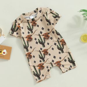 Muasaaluxi Western Baby Girl Boy Clothes Short Sleeve Cow Print Romper One Piece Bodysuit Shorts Summer Outfit (Khaki, 3-6 Months)