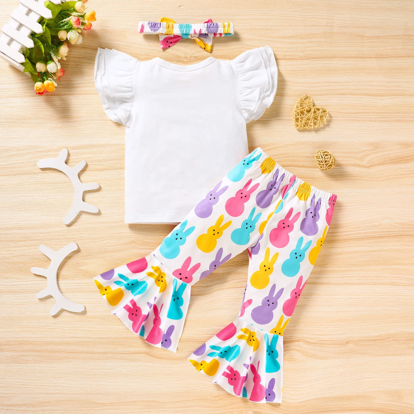 GRNSHTS Toddler Baby Girl Easter Outfits Short Sleeve Bunny Print Shirt Tops+Flared Pants+Headband 3PCS Clothes Set (White, 2-3 T)