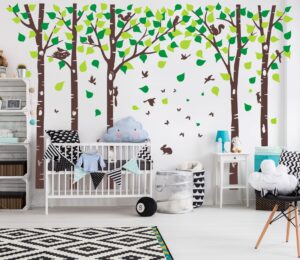 5 large birch tree wall decals jungle tree wall stickers forest animal wall stickers squirrel rabbit stickers for kids room nursery bedroom living room classroom wall decoration (100", brown,green)