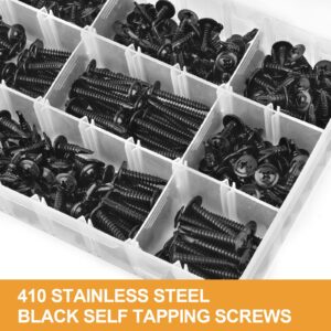 VIGRUE 425PCS #8#10 Black Self Tapping Screws for Metal, 425PCS (410) Stainless Steel Modified Truss Head Sheet Metal Self Drilling Screws Assortment Kit, Black Oxide, Length 1/2" to 1-1/2''