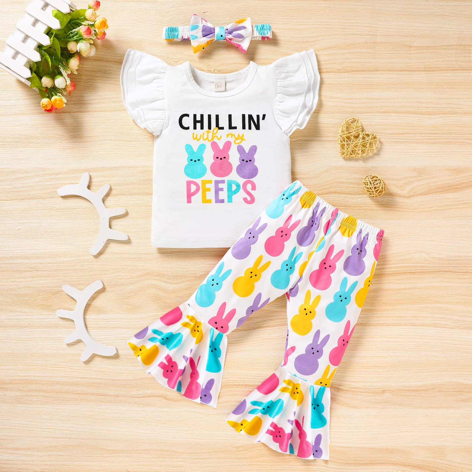 GRNSHTS Toddler Baby Girl Easter Outfits Short Sleeve Bunny Print Shirt Tops+Flared Pants+Headband 3PCS Clothes Set (White, 2-3 T)