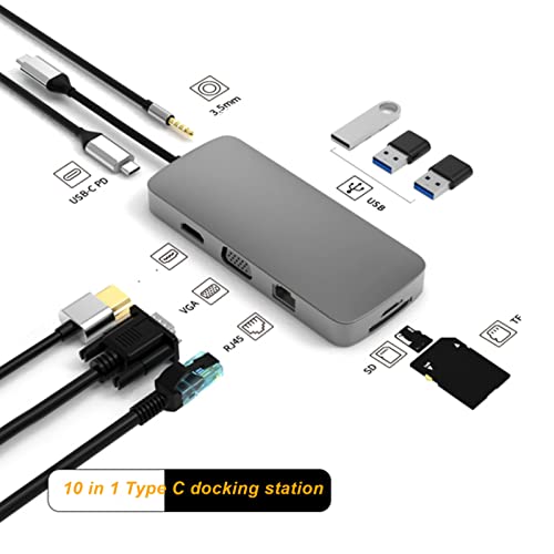 Sanpyl 10 in 1 USB C Hub, 1x4K HD Multimedia Interface 1xUSB C PD 1xAUDIO 3.5mm 1xVGA 1xRJ45 1xUSB3.0 2xUSB2.0 1xSD 1xTF Card Reader, for USB C Laptops and Other Type C Devices