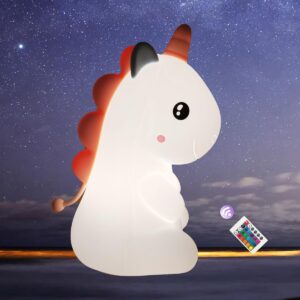 hasdlga silicone unicorn lamp night light,16 colors changing kid led lamps, remote control rechargeable bedroom decor birthday xmas gift (pink)