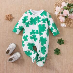 KOSUSANILL Baby GBaby Girl Boy St Patricks Day Outfit Clothes Newborn Infant One Piece Long Sleeve Zipper Lucky Clover Romper Irish Shamrock Footie Jumpsuit (Green Irish Shamrock, 0-3 Months)