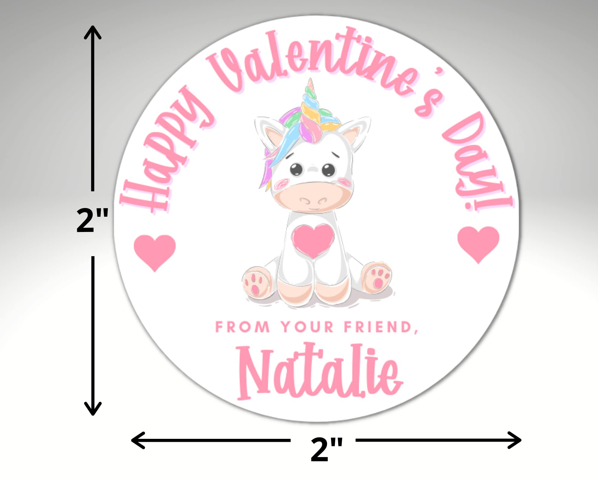 Personalized Unicorn Valentine's Day Stickers for Kids Class Party Favors, Custom Gift Bag Labels for Girls, 2-inch, 20-Count