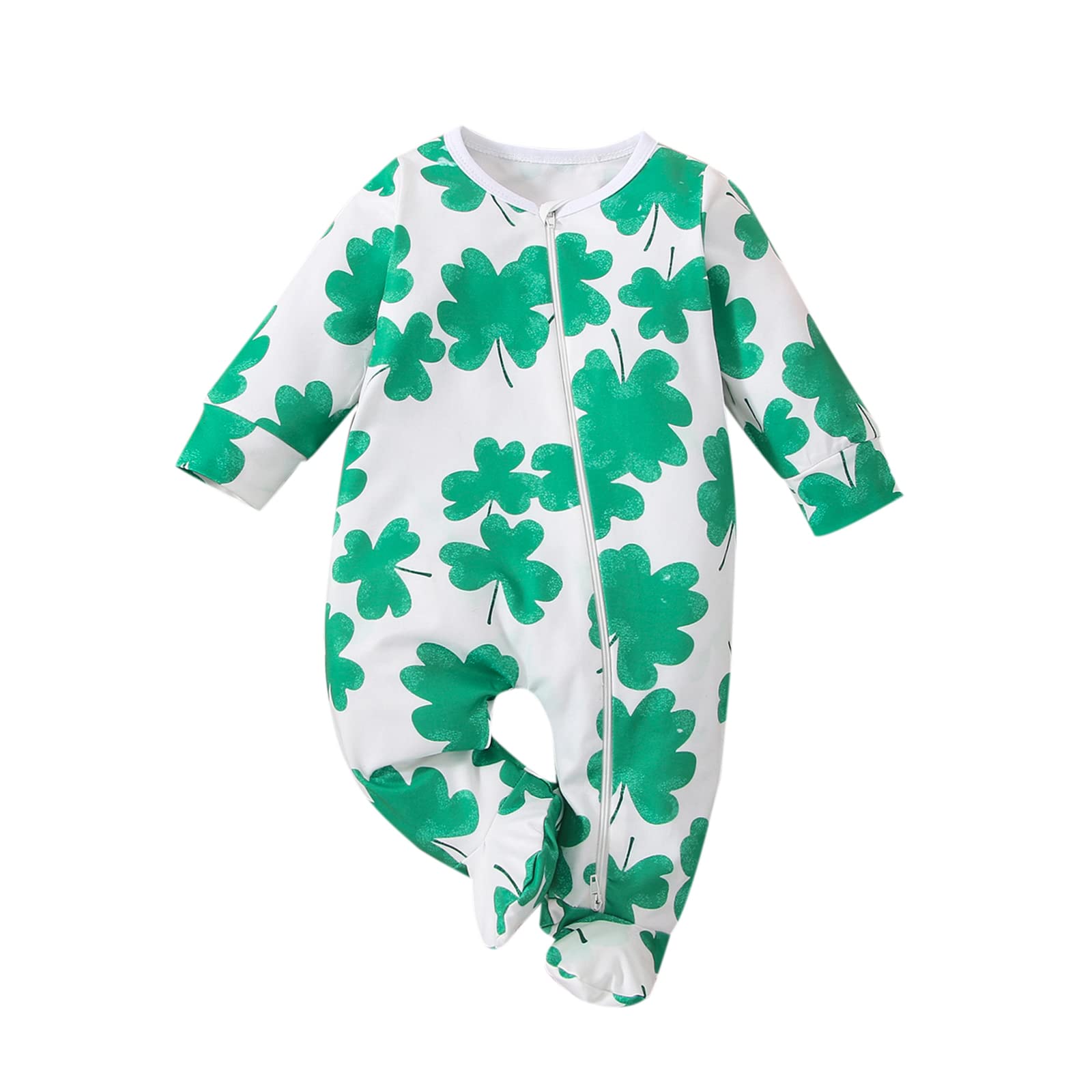 KOSUSANILL Baby GBaby Girl Boy St Patricks Day Outfit Clothes Newborn Infant One Piece Long Sleeve Zipper Lucky Clover Romper Irish Shamrock Footie Jumpsuit (Green Irish Shamrock, 0-3 Months)