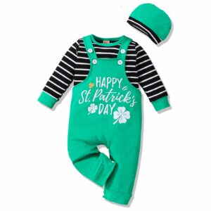 vinuoker baby toddler boy first st.patrick's day outfit infant stripe t-shirt + st.patrick's day overalls pant set