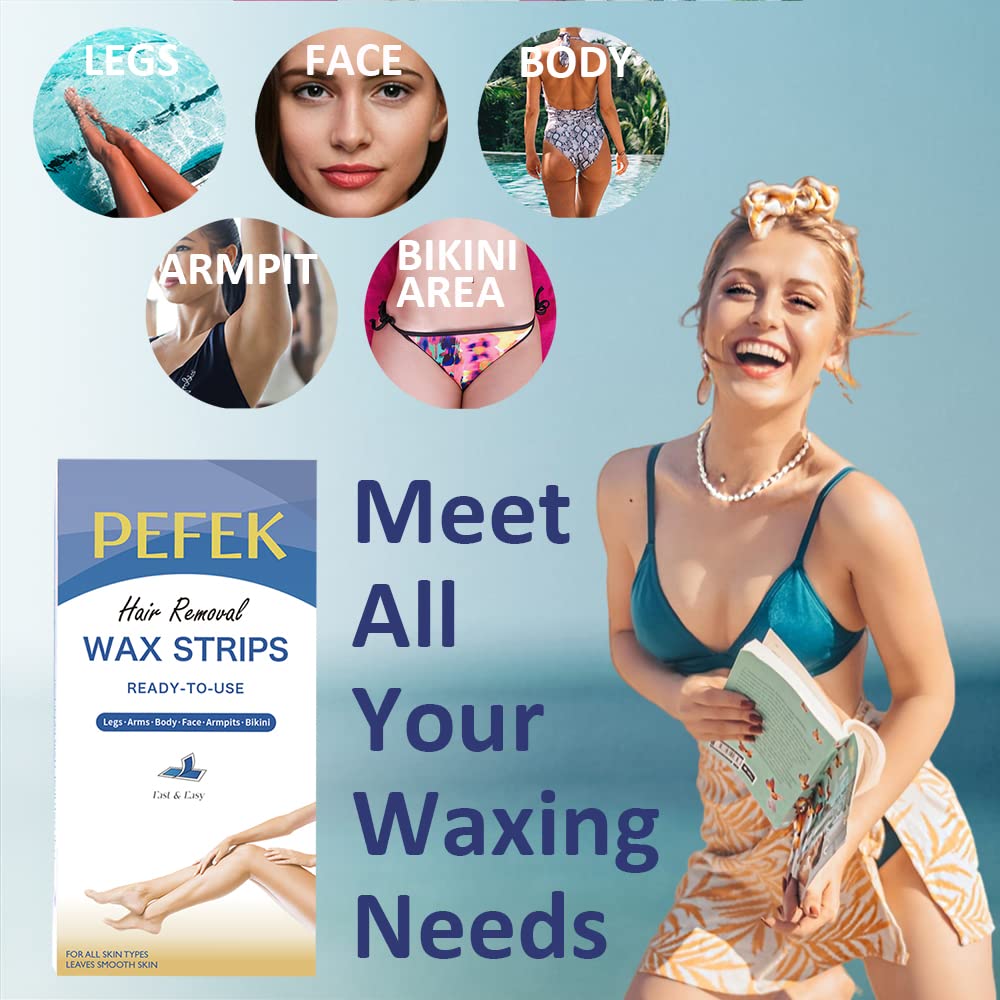 PEFEK Wax Strips for Hair Removal (24 Count), Cold Brazilian Waxing Kit at Home Depilation for Men & Women Legs, Body, Back, Bikini, Face, Upper Lip, Arms, Armpit, Underarm, Facial, Eyebrow Bandas