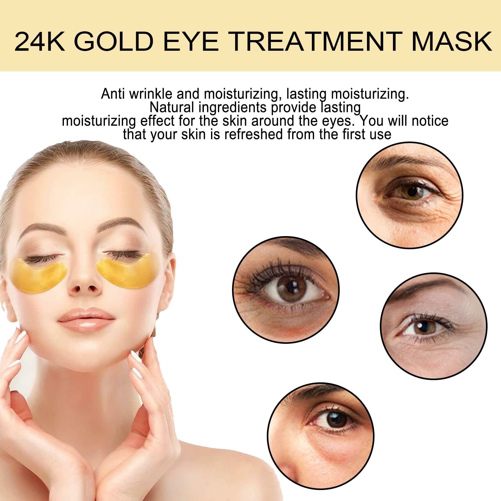 Anti-Aging 24K Gold Under Eye Mask-60 piece for Puffy Eyes, Dark Circles, Eye Bags,Wrinkles, Puffiness with Collagen and Vitamins, Look Less Tired, Hyaluronic Acid Collagen Under Eye Pads