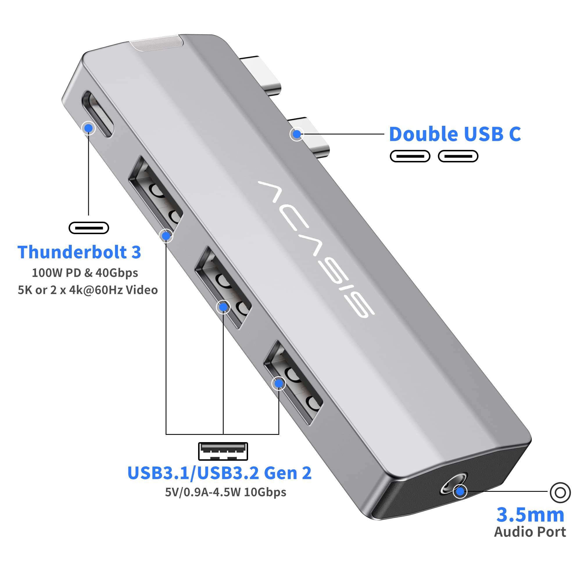 USB C Hub Adapter for MacBook Pro/Air M1 M2 13" 14" 15" 16" 2022-2019,ACASIS 5 in 1 MacBook Pro Accessories with 10Gbps 3*USB 3.1/ 100W Thunderbolt 3 PD Charing/ 3.5 Audio mic