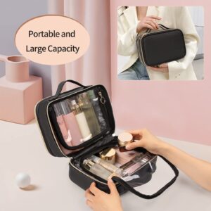 OCHEAL Makeup Bag, Double Layer Cosmetic Bag, Large Capacity New Look Clear Cosmetic Case for Women Travel Beauty Essentials, Multiple Compartments Makeup Case Organizer Zipper Pouch -Black