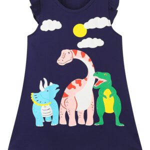 Toddler Girl's Summer Dresses Outfits Clothes,Dinosaur Cotton Flower Short Sleeve Casual Clothing Navy Dinosaur Size 6