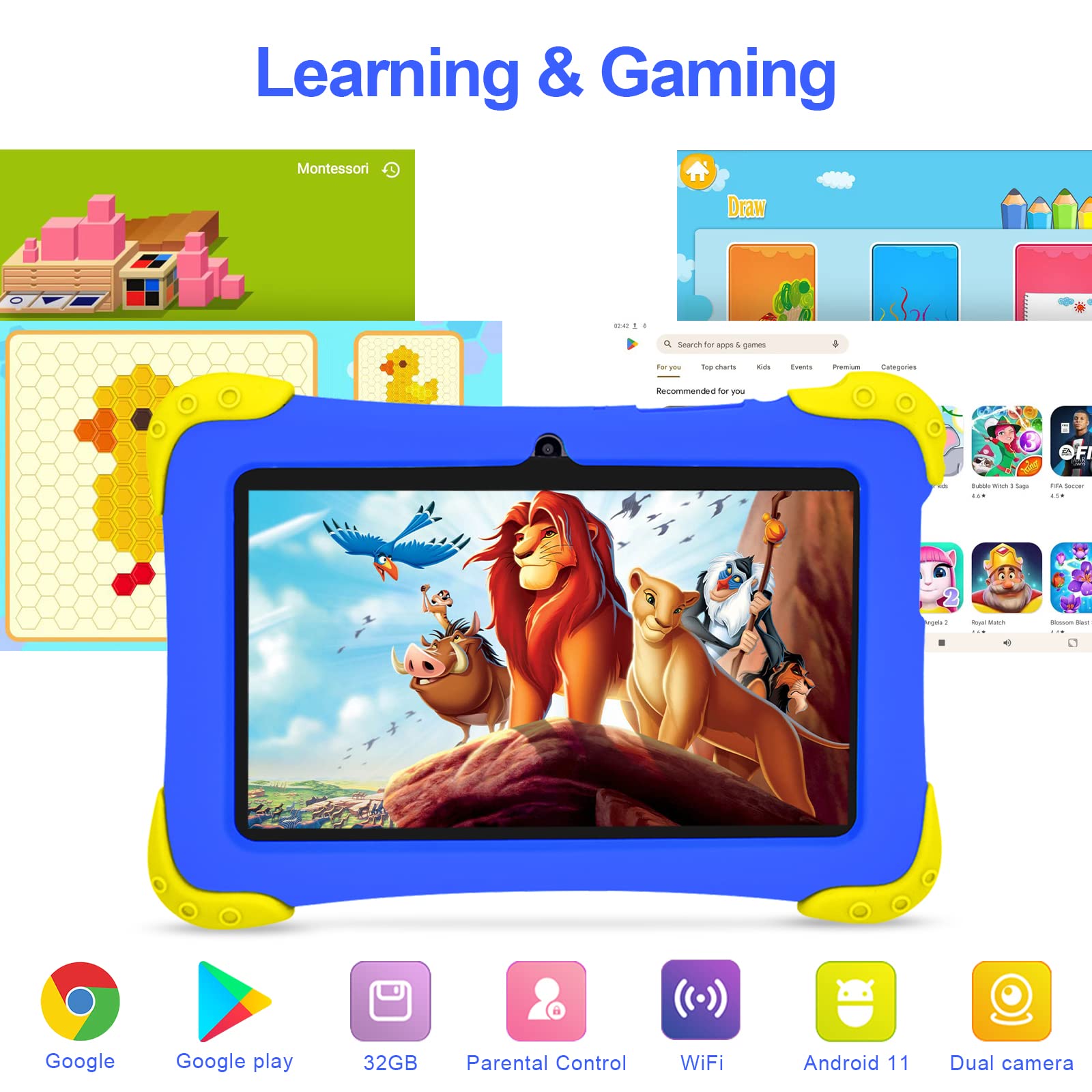 Fivahiva Kids Tablet, 7 inch Android 12 Tablet for Kids, Toddler Tablet 32GB ROM with Silicone Case, HD IPS Educational, Games, Parental Control APP, YouTube, WiFi, Dual Camera, GMS, Bluetooth (Blue)