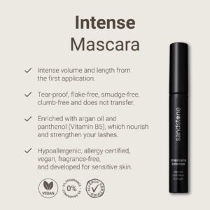 Sandstone Scandinavia Hypoallergenic Mascara Sensitive Eyes - Smudge-Proof, Sweatproof, Lengthening Mascara with Intense Volume - Vegan, Non Toxic Mascara Black