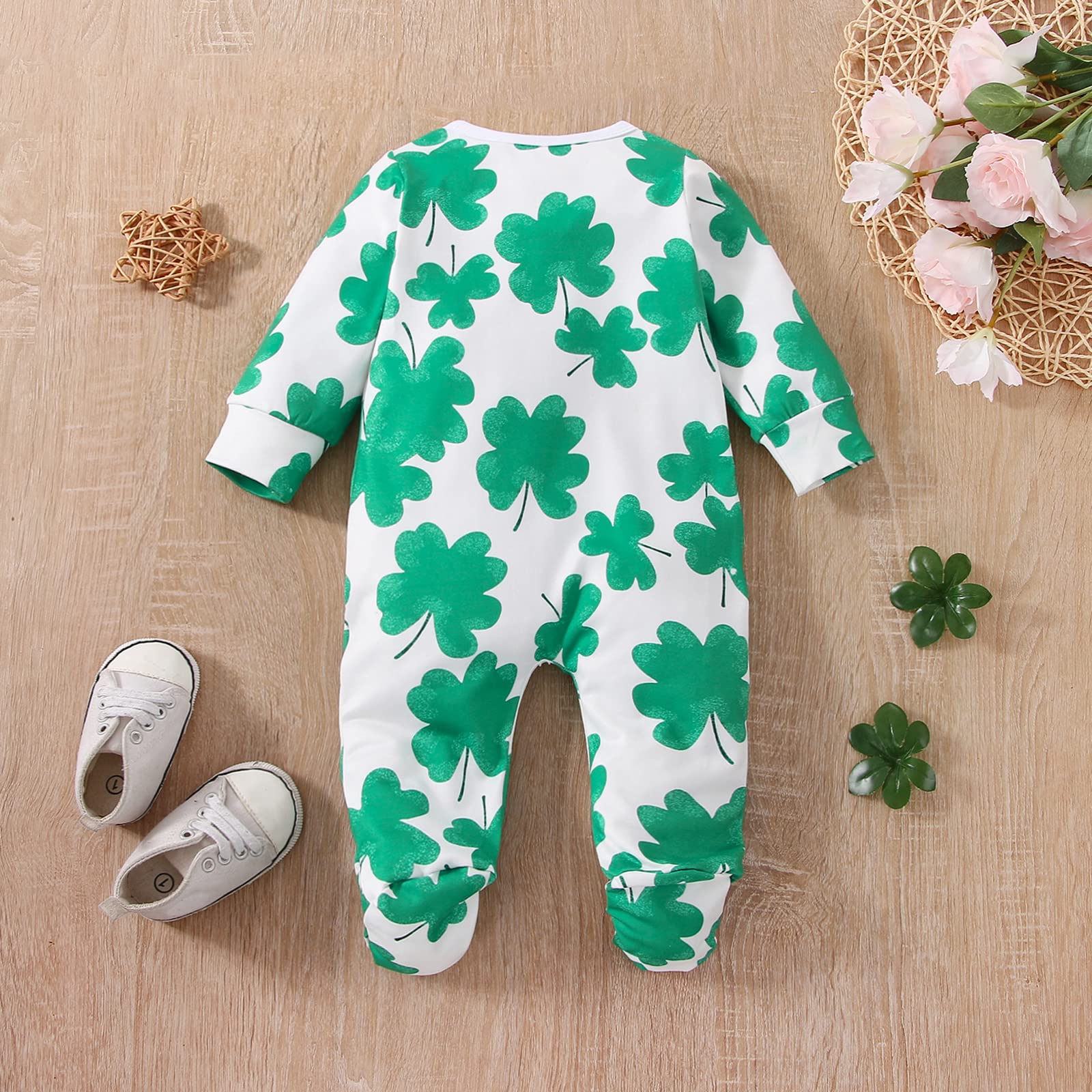 KOSUSANILL Baby GBaby Girl Boy St Patricks Day Outfit Clothes Newborn Infant One Piece Long Sleeve Zipper Lucky Clover Romper Irish Shamrock Footie Jumpsuit (Green Irish Shamrock, 0-3 Months)