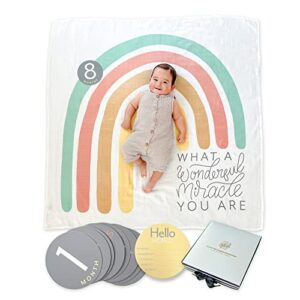 rainbow baby blanket rainbow baby gifts, baby milestone blanket with 13 double-sided monthly milestone cards & baby announcement sign. muslin swaddle blanket neutral boy or girl 47in x 47in