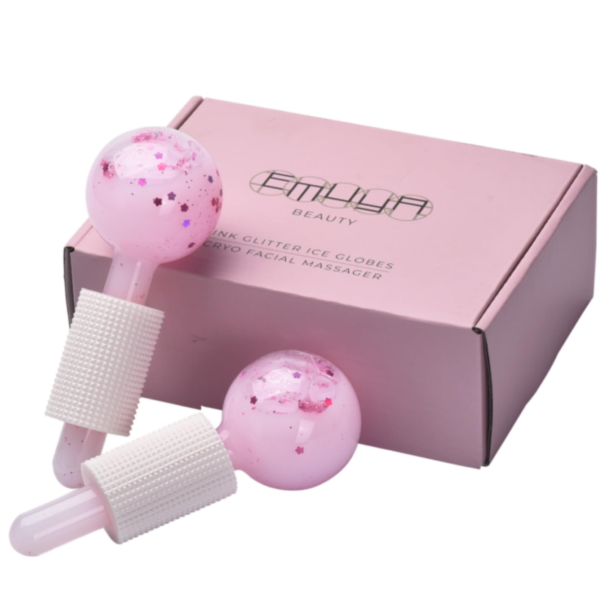 Emuya Ice Globes for Facials – Facial Tools for Face & Eye Puffiness Relief, Cool Skincare Cryo Tools - Pink Drink Glitter