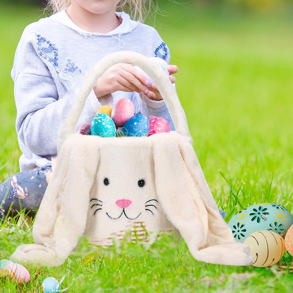 E-FirstFeeling Plush Easter Bunny Basket Easter Basket for Kids Easter Egg Hunt Basket with Ears Bunny Bucket Tote for Easter Eggs Candy (Plush-White)