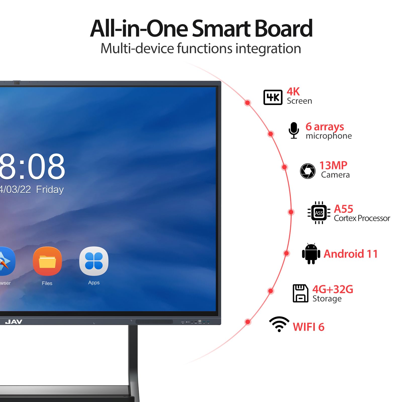 JAV Smart Board, 65'' 4K UHD Interactive Whiteboard, All in One Smartboard for Office, Digital Smart Whiteboard Built in Dual System and 13MP Camera for Classroom (Wall Mount Included)