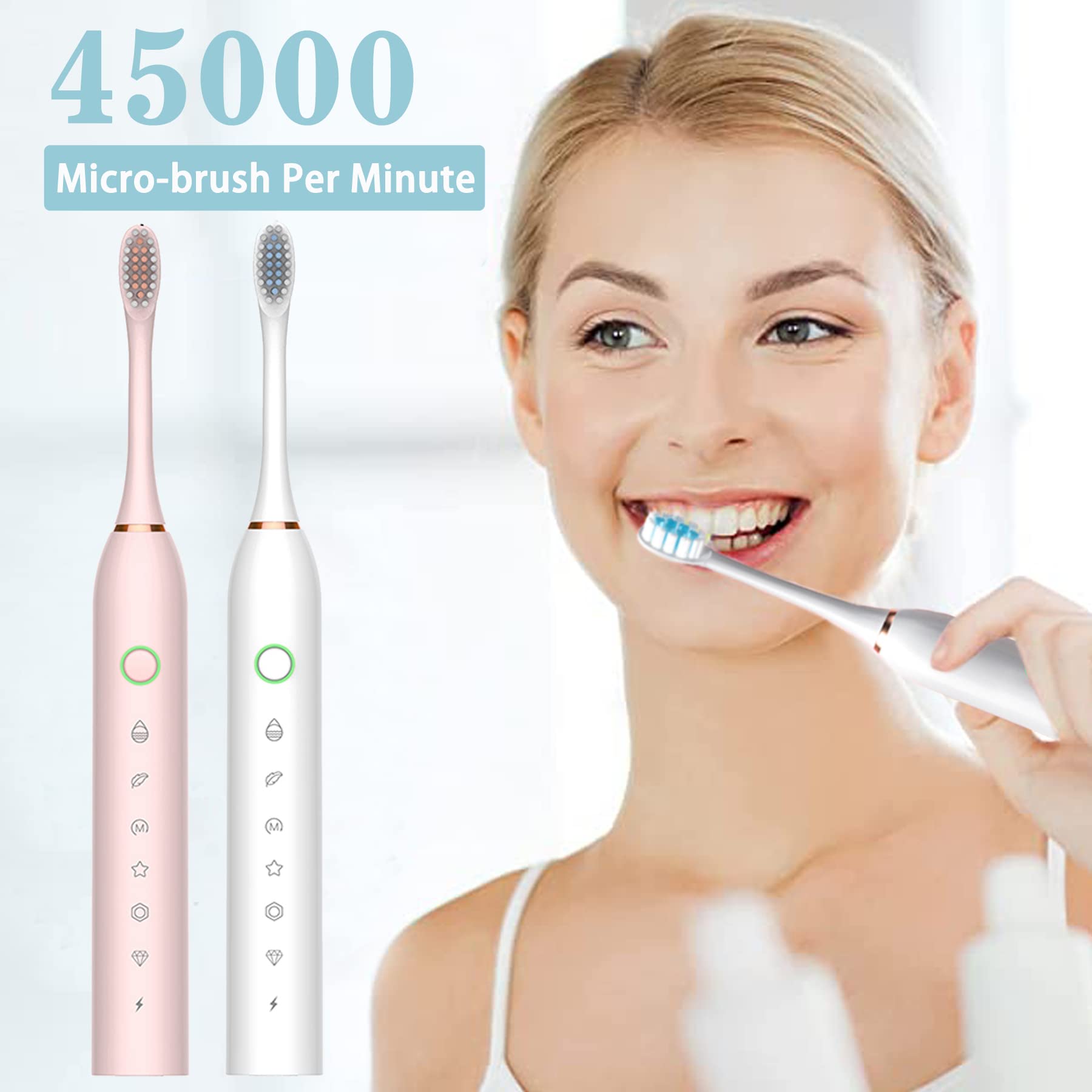 Lukern 2 Pack Sonic Electric Toothbrush, 6 Modes 42000vpm, Toothbrush with 2 Minute Built-in Timer and 8 Brush Heads,White+Pink