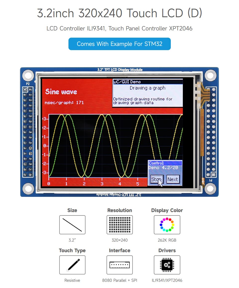 waveshare 3.2 Inch 320x240 Multicolor Graphic LCD, with Touch Panel and Stand-Alone Controllers