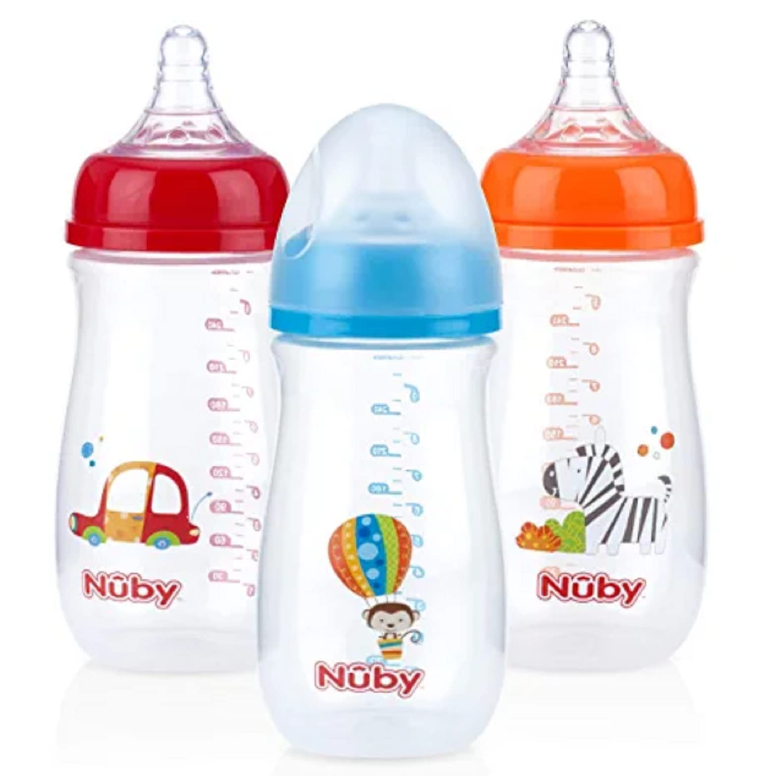 Nuby Tritan Wide Neck Non-Drip Bottles with Anti-Colic Air System: 9oz./ 270 Ml, 3 Pack, 0M+,Blue/Orange/red