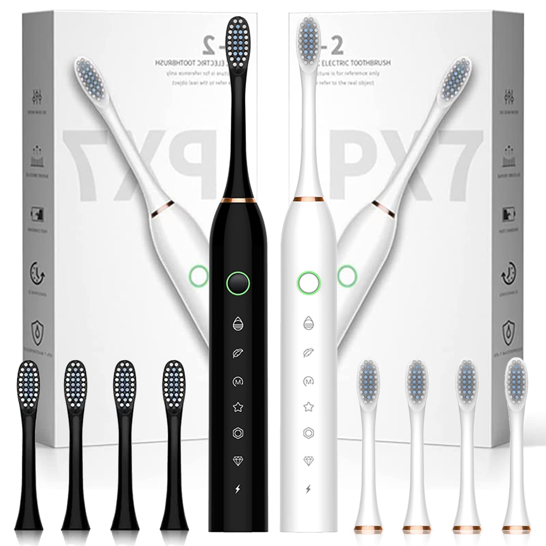 Lukern 2 Pack Clean Toothbrush for Adult Soft Toothbrushes Standard Size with 8 Brush Heads Travel Use White+Black