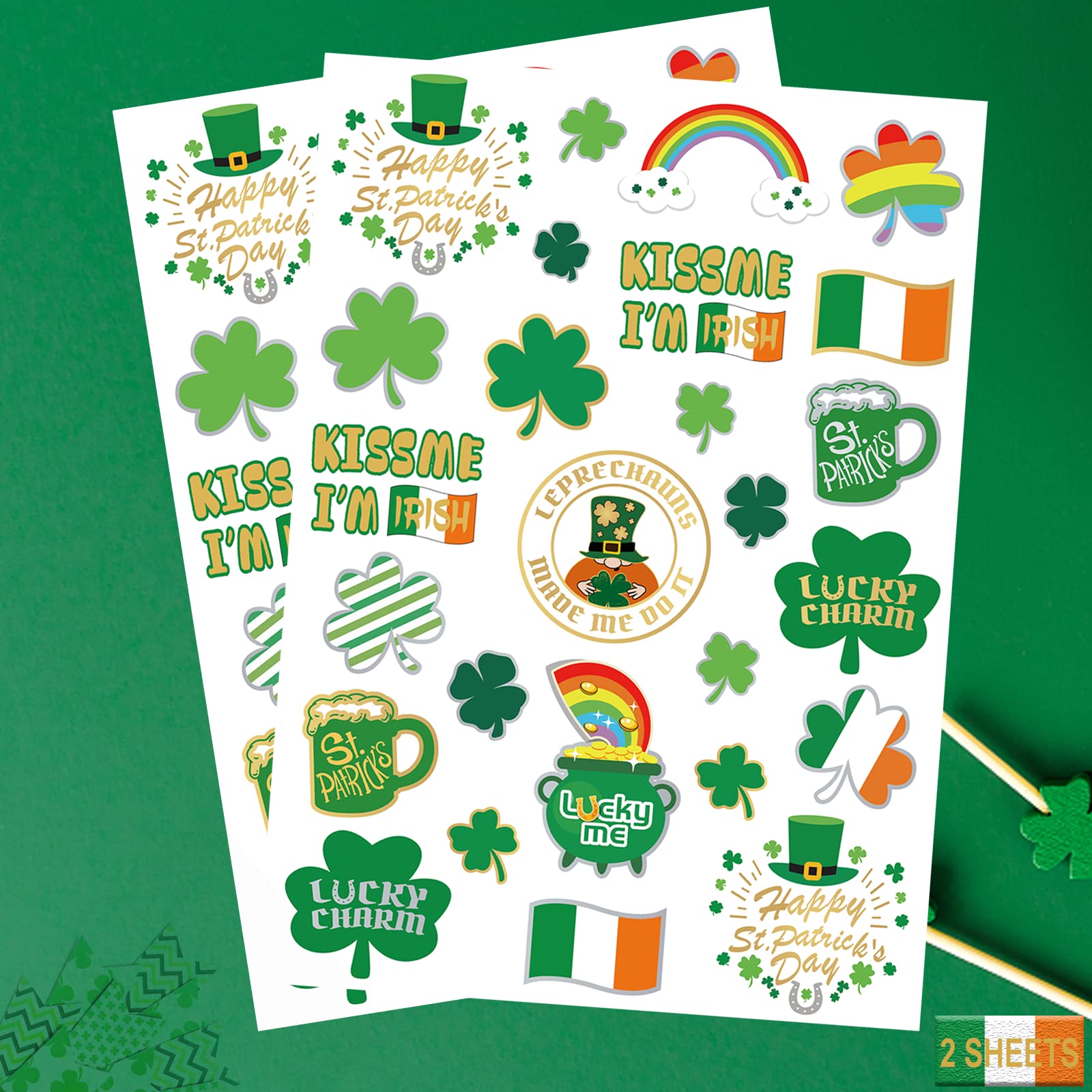 St Patricks Day Tattoos Shamrock Glitter Tattoos Party Decor Kiss Me I'm Irish Party Favor Four Leaf Clover Party Decor Accessories