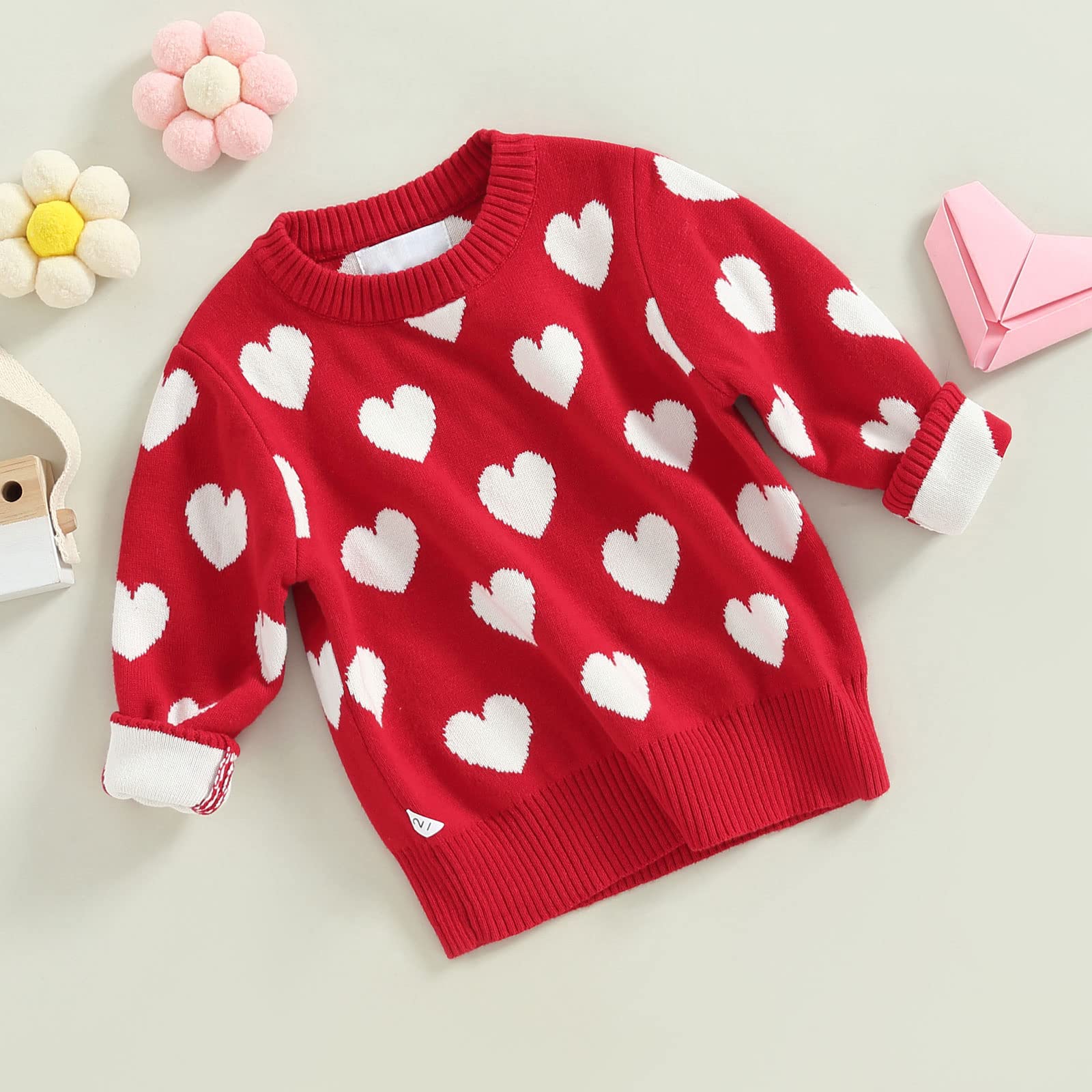 Toddler Baby Girl Love Heart Pullover Sweater Long Sleeve Knit Sweater Shirts Valentines Day Spring Clothes (Love Heart Sweater-Red, 5-6 Years)