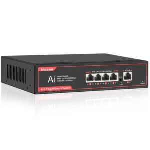 ienron 5 ports ethernet switch unmanaged, 4 poe ports gigabit+1 uplink port, network switch with reliable data transfer,ethernet splitter |fanless metal design |plug and play |wall mount