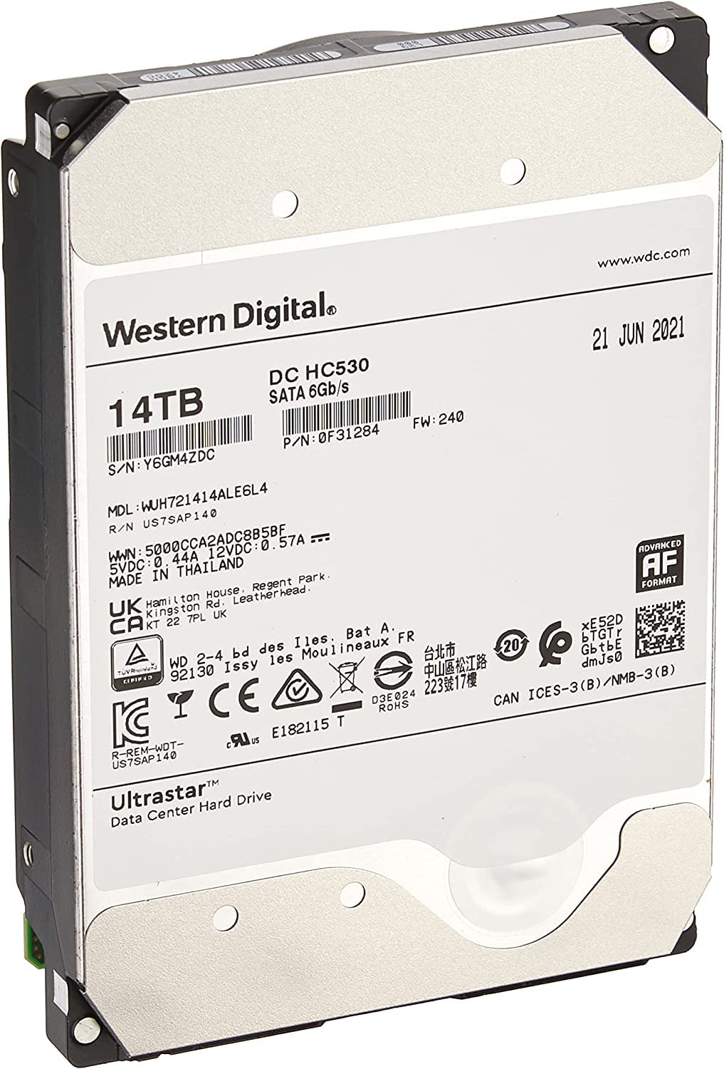 Western Digital 14TB Ultrastar DC HC530 SATA HDD - 7200 RPM Class, SATA 6 Gb/s, 512MB Cache, 3.5" - WUH721414ALE604