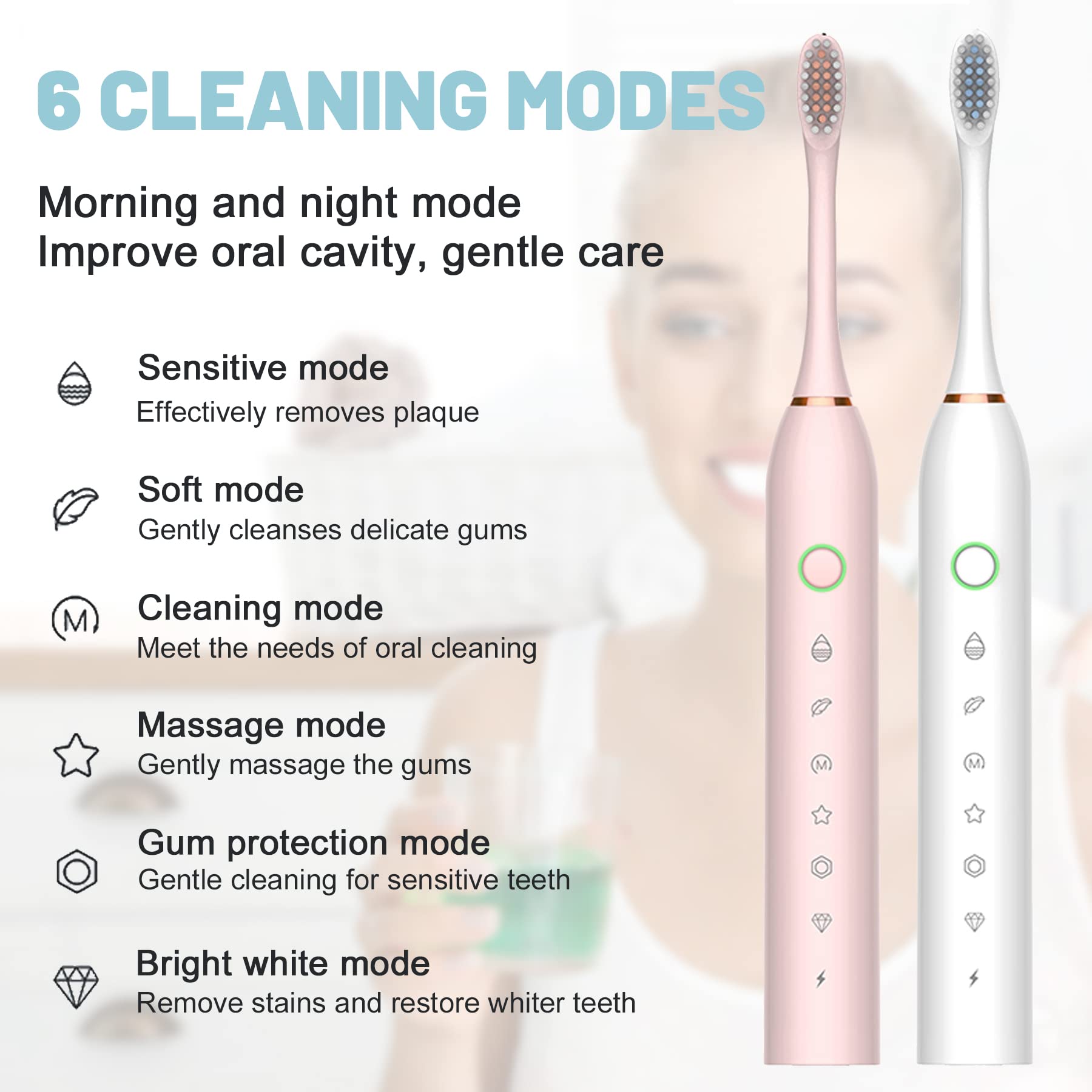 Lukern 2 Pack Sonic Electric Toothbrush, 6 Modes 42000vpm, Toothbrush with 2 Minute Built-in Timer and 8 Brush Heads,White+Pink