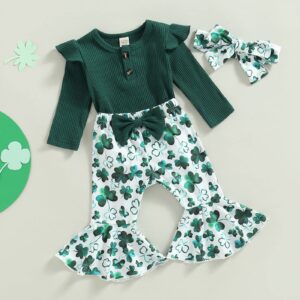 Infant Toddler Baby Girl St Patricks Day Outfits Long Sleeve Romper Green Bodysuit Clover Flare Pants Headband 3Pcs (Clover Green, 0-3 Months)