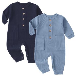 yookoom baby boys girls 2 pack solid romper ribbed long sleeve one-piece knit cotton jumpsuit outfits clothes,blue+dark blue,0-3m