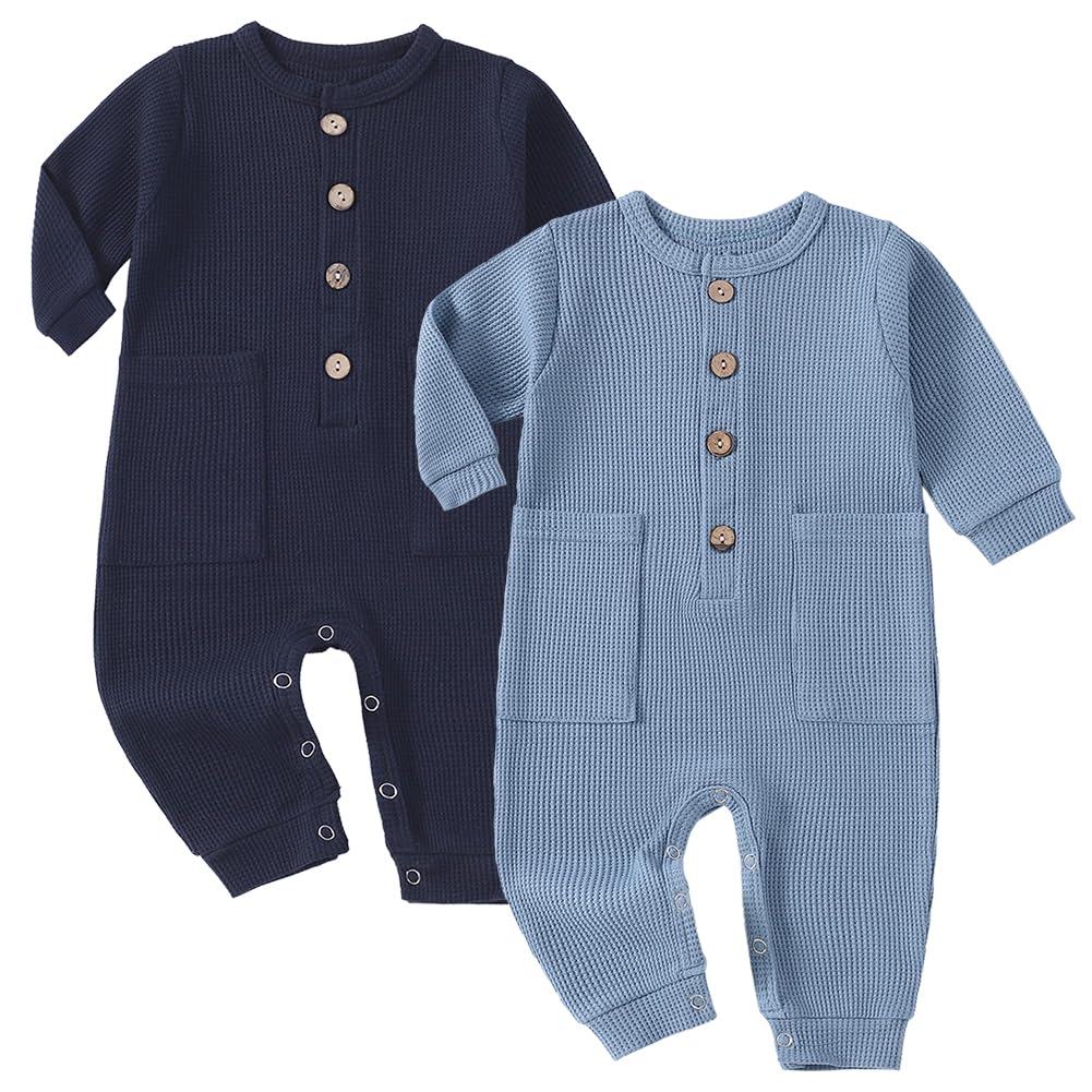 Yookoom Baby Boys Girls 2 Pack Solid Romper Ribbed Long Sleeve One-Piece Knit Cotton Jumpsuit Outfits Clothes,Blue+Dark Blue,0-3M