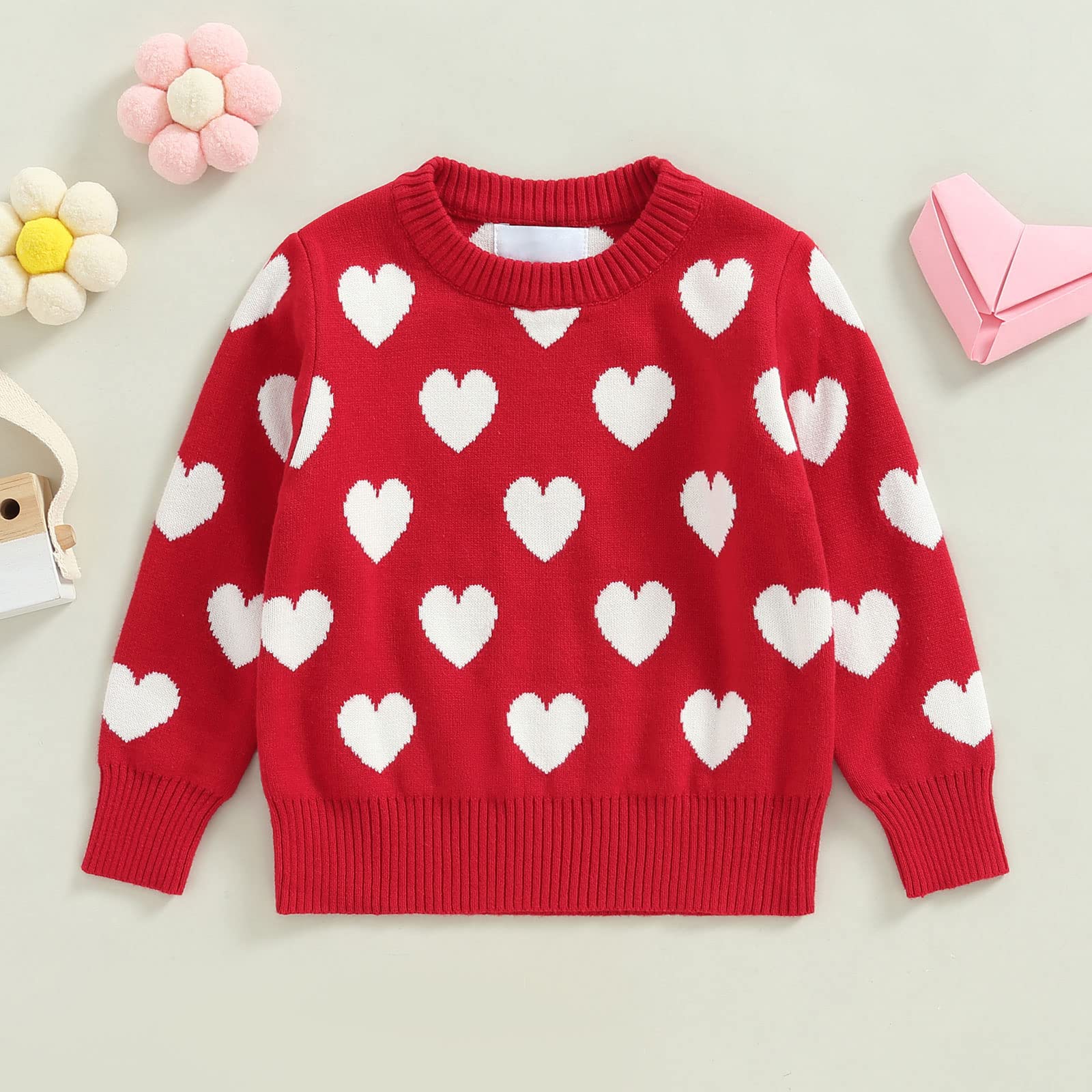 Toddler Baby Girl Love Heart Pullover Sweater Long Sleeve Knit Sweater Shirts Valentines Day Spring Clothes (Love Heart Sweater-Red, 5-6 Years)