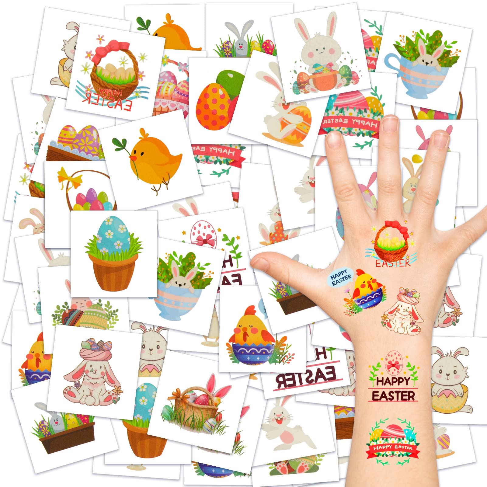 Konsait 72pcs Easter Temporary Tattoos For Kids,Cute Bunny Tattoo Stickers for Boys Girls Toddlers Easter Party Favors Supplies,Fun Easter Gifts For Easter Egg Fillers Easter Basket Stuffers Egg decor