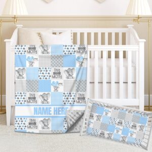 personalized elephant blue crib bedding set for baby boys, custom baby girl crib bedding set with name, nursery bedding, 2 piece crib bedding sets, name crib comforter, crib fitted sheet for baby