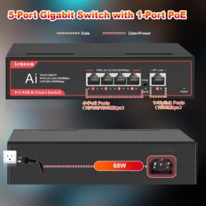 ienRon 5 Ports Ethernet Switch Unmanaged, 4 PoE Ports Gigabit+1 Uplink Port, Network Switch with Reliable Data Transfer,Ethernet Splitter |Fanless Metal Design |Plug and Play |Wall Mount