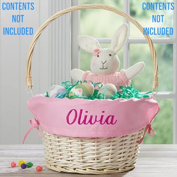 Personalization Universe Personalized Hand-Woven Willow Easter Basket with Folding Handle - First Easter, Egg Hunt, Vintage-Inspired Design, Embroidered with Any Name - Light Pink