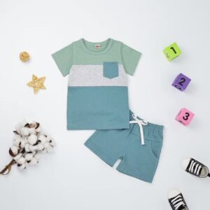 Toddler Boy Clothes 2T Baby Boys Summer Outfits Short Sleeve Patchwork Shirt & Shorts Set 2 Piece, Light Blue 2-3T/90cm