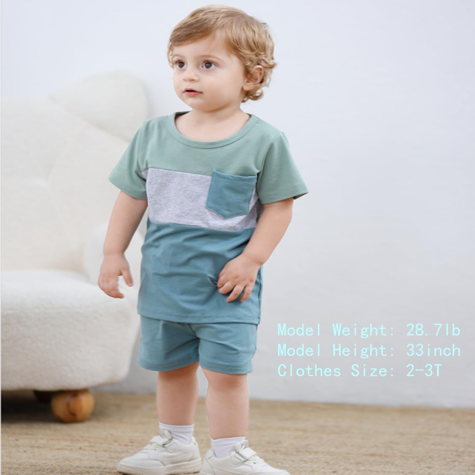 Toddler Boy Clothes 2T Baby Boys Summer Outfits Short Sleeve Patchwork Shirt & Shorts Set 2 Piece, Light Blue 2-3T/90cm